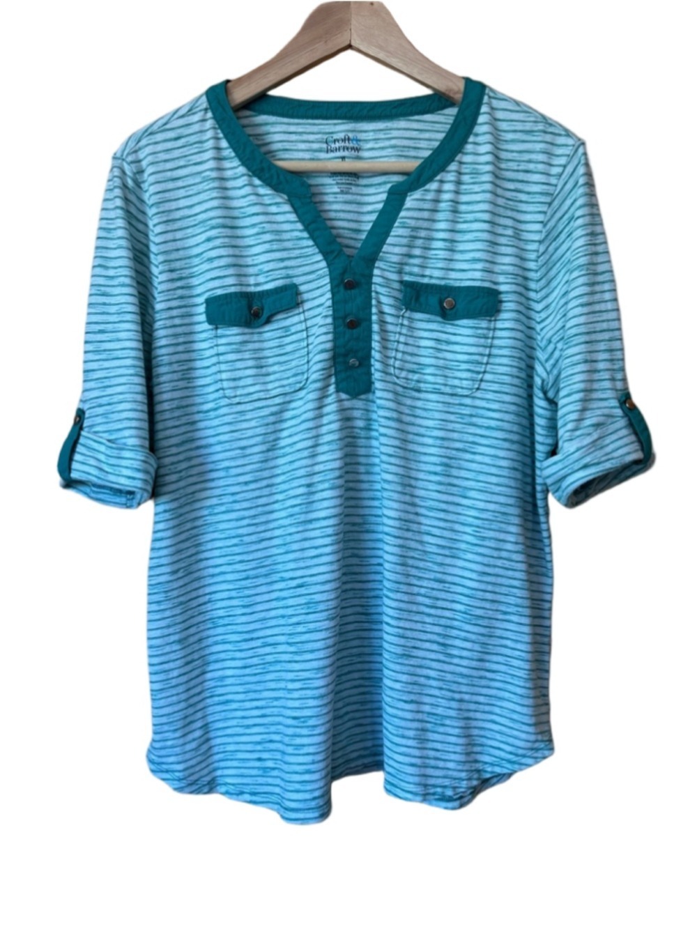 Vintage Croft & Barrow Striped Teal-Trim Henley with Roll tab Sleeves size XL